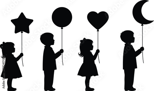 Children silhouette, balloon shapes, playful kids, black illustration, happy moment, outdoor fun, celebration scene, festive pose, childhood joy, creative design