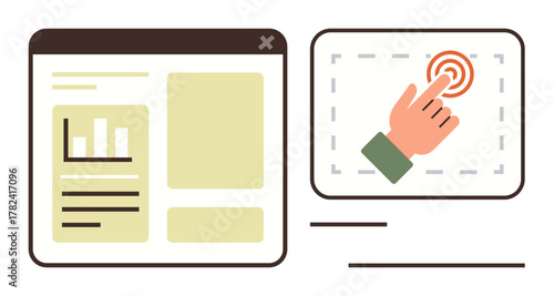 Data panel featuring bar graph and text layout with adjacent hand tapping interactive element. Ideal for UXUI design, user experience, analytics, data visualization, action, website interface, flat