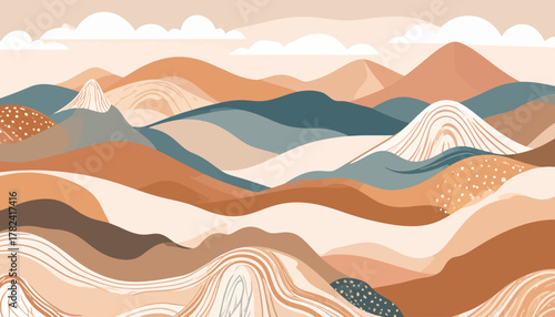 Abstract Landscape with Rolling Hills and Clouds.