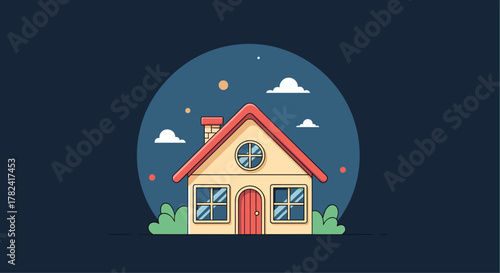 Whimsical cartoon house with a charming red roof and lush green bushes, nestled under a serene dark blue night sky adorned with gentle clouds and distant stars.
