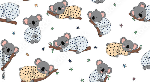 Delightful seamless pattern showcases an array of adorable cartoon koalas, clad in colorful polka-dot pajamas, peacefully sleeping on tree branches under a starry night.
