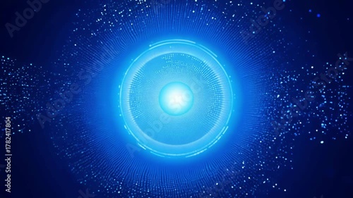 Abstract circular glowing energy core pulsates and rotates in deep blue background symbolizing futuristic power and digital technology concept