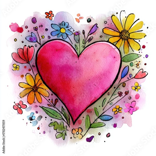 Watercolor Heart with Flowers and Splashes, Love, Floral, Illustration