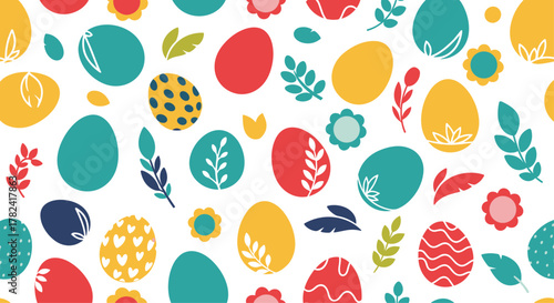 Vibrant seamless pattern brimming with an abundance of colorful Easter eggs, adorned with intricate patterns, delicate flowers, and fresh spring leaves, for festive cheer.