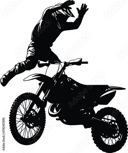 Dirt bike stunt, airborne rider, motocross trick, silhouette illustration, extreme sports, black background, freestyle jump, helmet safety, dynamic motion, outdoor action