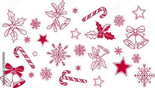 Festive holiday doodles feature red candy canes, mistletoe with bells, stars, and snowflakes, creating a joyful, graphic pattern perfect for seasonal greeting cards and celebratory designs.