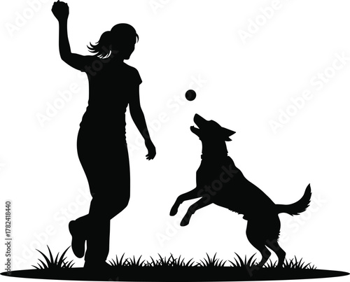 Dog jumping, person playing, silhouette illustration, outdoor activity, black background, playful moment, pet interaction, ball catching, happy scene, companionship