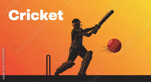 Cricket Batsman Silhouette Hitting Ball on Warm Orange Background Vector Art, Dynamic Sports Action Graphic, Professional Cricketer Illustration