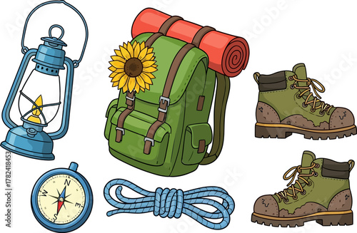 Camping equipment including a green backpack with sunflower, blue lantern, compass, hiking boots, and blue rope are arranged on a white background, creating a travel and outdoor adventure theme.