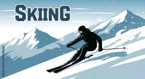 Dynamic Skier Silhouette in Action on Snowy Mountain Slope Vector Art, Winter Sport Landscape Illustration, Extreme Skiing Graphic Design.