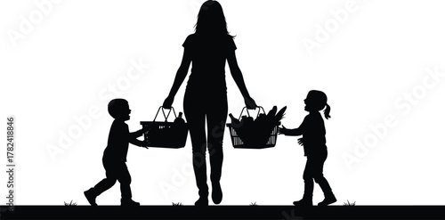 Family silhouette, grocery baskets, adult with children, black illustration, daily life, outdoor scene, caregiving moment, walking pose, shared responsibility, parenting theme