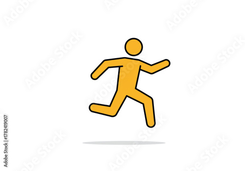A simple yellow icon of a running person with a black outline, depicted in a dynamic sprinting pose on a white background with a shadow.
