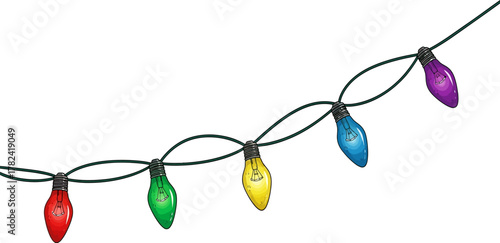 String of holiday lights featuring vibrant red, green, yellow, blue, and purple bulbs hanging on a dark green wire, set against a white background, ideal for holiday and party themes.