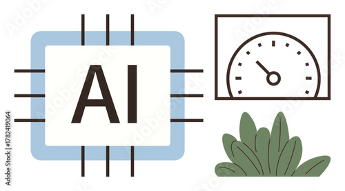 AI chip illustration with connected lines, speedometer for efficiency, and leaves for eco-friendly focus. Ideal for AI, innovation, technology, sustainability, performance, ecology data simple flat