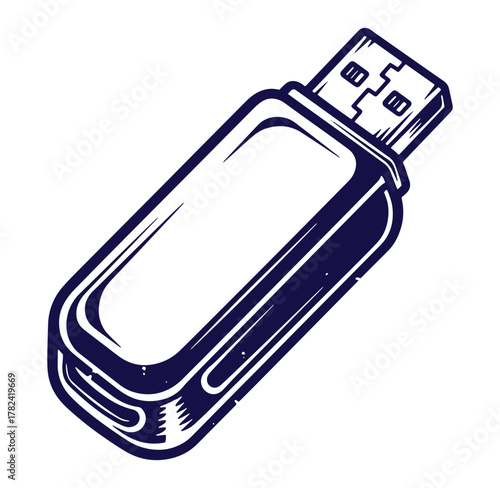 Stylized blue and white illustration of a flash drive or usb stick for data storage