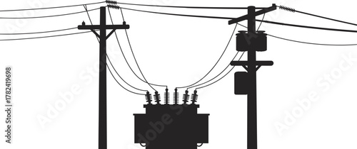 Electrical transformer silhouette on utility pole with multiple power lines, distribution infrastructure, energy supply system, industrial grid connection, urban electricity network illustration,