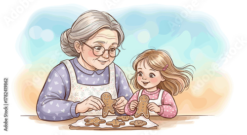 Elderly woman baking gingerbread cookies with granddaughter at home - Concept of idea design for t-shirt  