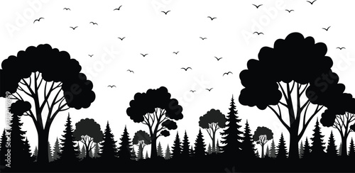 Forest silhouette, flying birds, tree diversity, nature illustration, wildlife motion, black background, peaceful scene, outdoor view, natural beauty, ecosystem depth