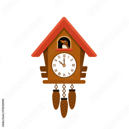 Vintage cuckoo wooden clock with bird isolated on white background. Vector stock