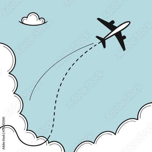 Airplane flying in the sky with clouds, vector illustration