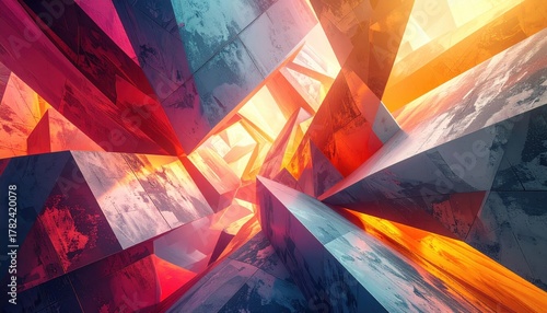 Fototapeta Naklejka Na Ścianę i Meble -  Abstract geometric structure with vibrant red orange and blue polygons Bright light illuminates complex textured