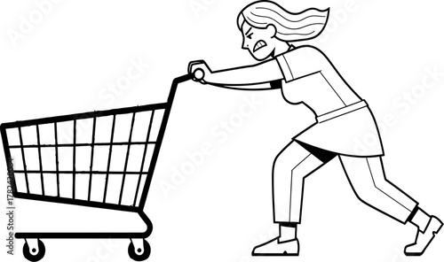 Exhausted woman pushes heavily loaded shopping cart with an expression of frustration in this black and white outline illustration style, ideal for retail marketing or illustrating consumer struggles.