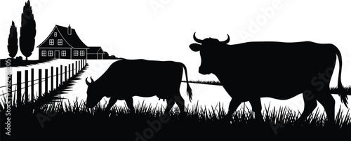 Farmhouse silhouette illustration, grazing cows in pasture, rural countryside landscape, black and white vector art, agriculture scene, peaceful village environment, rustic nature design
