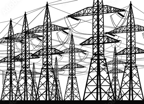 High voltage electricity pylons, power transmission towers, industrial energy infrastructure, grid network cables, utility lines, electrical distribution system, renewable energy connection