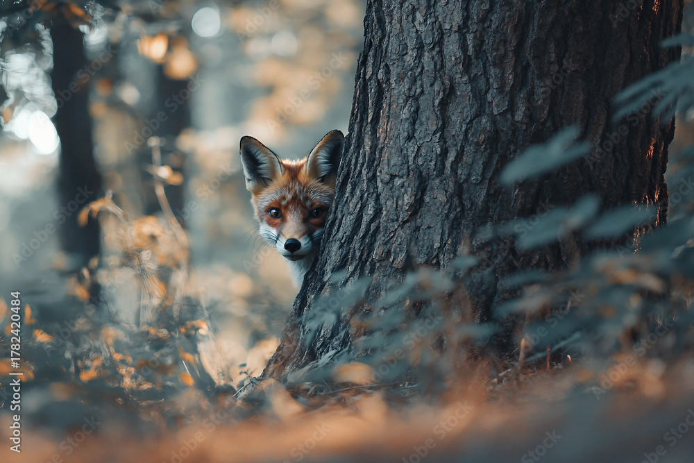 Obraz premium Generative AI image of curious wild red fox peeking from behind tree trunk in green summer forest with soft natural lighting
