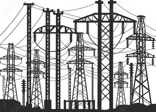 High voltage electricity transmission towers, power pylons with multiple lines, industrial energy infrastructure, electrical grid distribution system, utility network, renewable energy connection, 