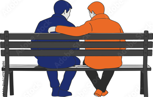 Two men in colorful coats are sitting on a gray park bench with one putting an arm around the other's shoulder in a minimalist vector illustration, suitable for friendship and lifestyle content.