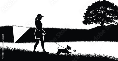 Man walking dog, silhouette illustration, black vector, outdoor scene, grassy ground, pet activity, peaceful moment, nature lifestyle, leash control, companionship