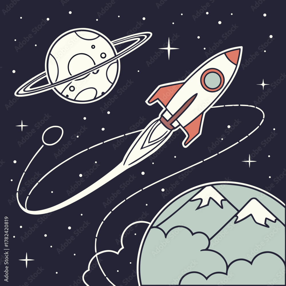 Naklejka premium Rocket ship flying around planet with mountains illustration in space