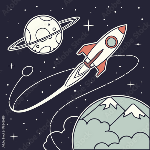 Rocket ship flying around planet with mountains illustration in space