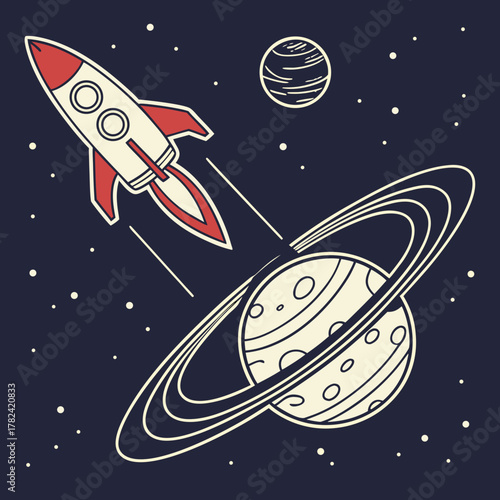 Rocket ship flying through space with planets and stars illustration