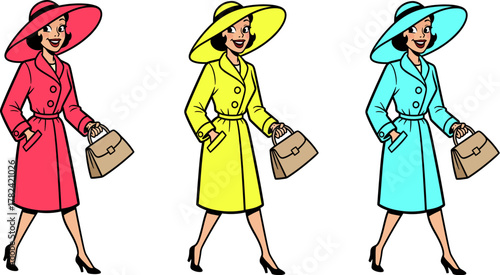 Cartoon woman is walking wearing a stylish colorful coat, hat, and handbag against a white background in a bright, cheerful mood, suitable for fashion or lifestyle design projects.