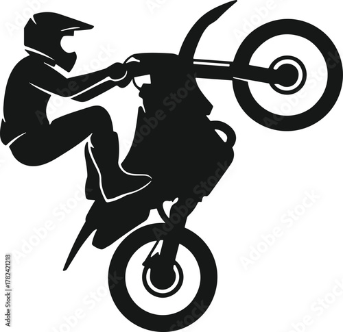 Motorcycle wheelie silhouette, stunt rider, helmet safety, black vector, extreme sport, balance skill, motion control, dynamic action, motocross thrill