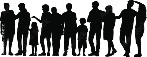 Silhouette group of diverse people standing together, adults and children in row, teamwork unity concept, family community support, human posture diversity illustration, black outline figures