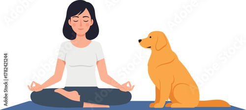 Calm woman meditating in lotus position with a golden dog sitting beside her on a blue yoga mat, creating a peaceful and serene atmosphere, suitable for wellness and lifestyle content.