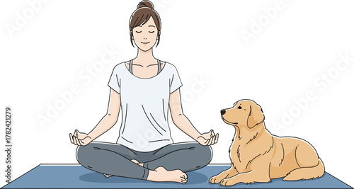 Woman in white shirt meditating cross-legged on a blue mat while a golden dog lies calmly beside her in a simple, outlined style, suitable for wellness and lifestyle content.
