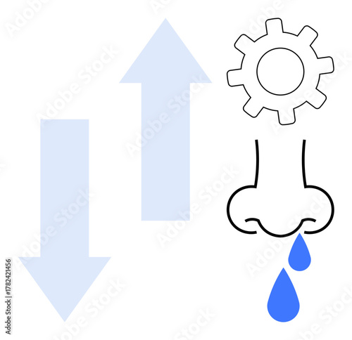 Nose drips alongside a gear, symbolizing health, allergy, or cold mechanisms. Large arrows for rise and fall dynamics. Ideal for medicine, biology, control, health issues allergies airflow simple