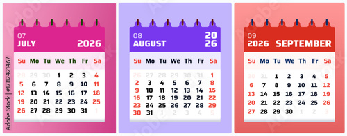 September 2026 Calendar. September August July 2026 Time Planner, Organized September 2026 Monthly Design. Vector illustration