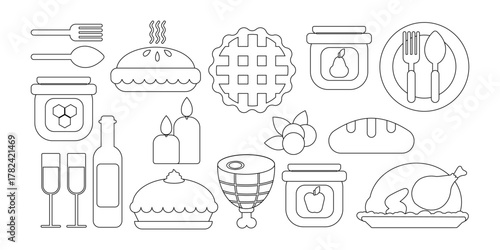 Black line art illustration of Thanksgiving holiday dinner. Roasted turkey, wine, pies, fruit jam and honey. Perfect for holiday cards, posters and invitations.