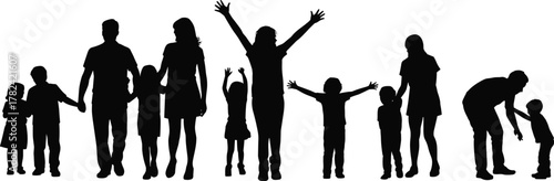Silhouette people family children adults community group interaction teamwork unity togetherness diversity support bonding lifestyle concept illustration design black white background
