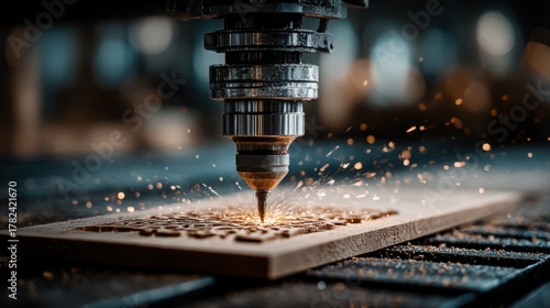 Laser cutting machine works on wood panel creating intricate designs in a workshop setting