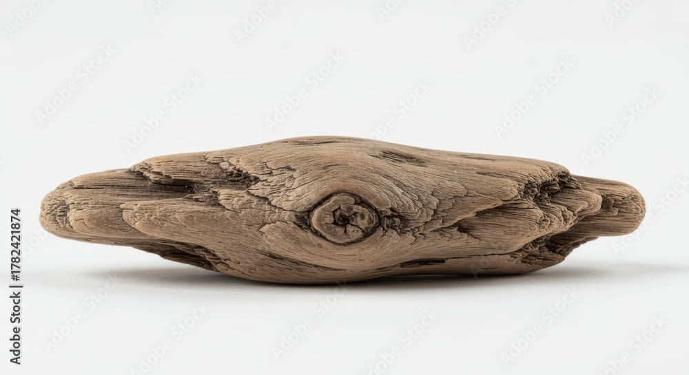 Obraz premium Weathered piece of smooth, naturally shaped wood rests horizontally against a bright white background.