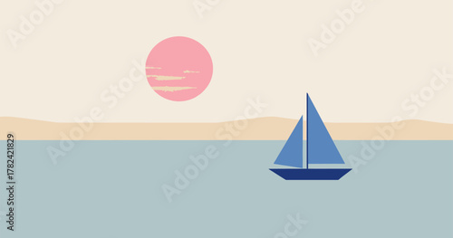 Blue sailboat floats peacefully on a tranquil light blue ocean with a soft pink sun setting behind a sandy shore in this serene, minimalist vector illustration ideal for travel and leisure marketing.