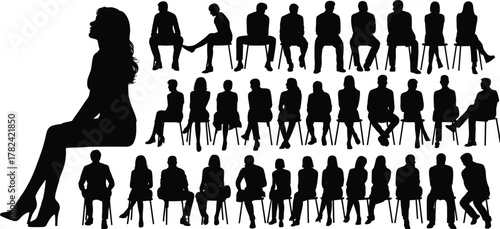 Silhouette people sitting on stools, chair posture collection, human figure poses, seated body language, black profile illustration, design reference, lifestyle concept, 