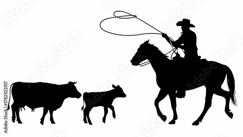 Dynamic silhouette of a cowboy herding cattle, evoking the spirit of the Wild West, perfect for Western themes, ranching, or adventure stories, strong and bold
