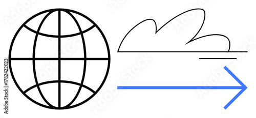 Globe outline, cloud sketch, and right-pointing arrow indicate global digital data transfer, cloud computing, internet access, networking, technology growth, innovation globalization. Ideal